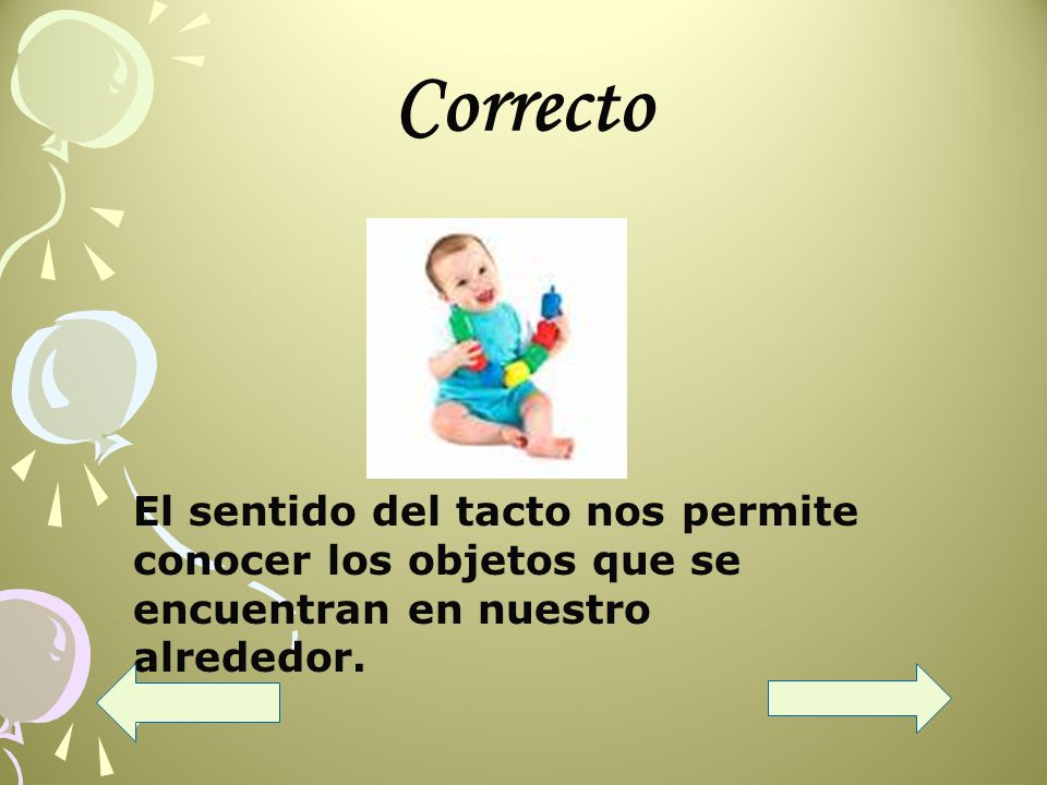 Correcto El sentido del tacto nos permite conocer los objetos que se encuentran en nuestro alrededor.