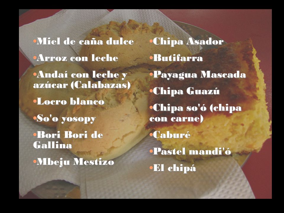 Miel de caña dulce Arroz con leche. Andaí con leche y azúcar (Calabazas) Locro blanco. So o yosopy.