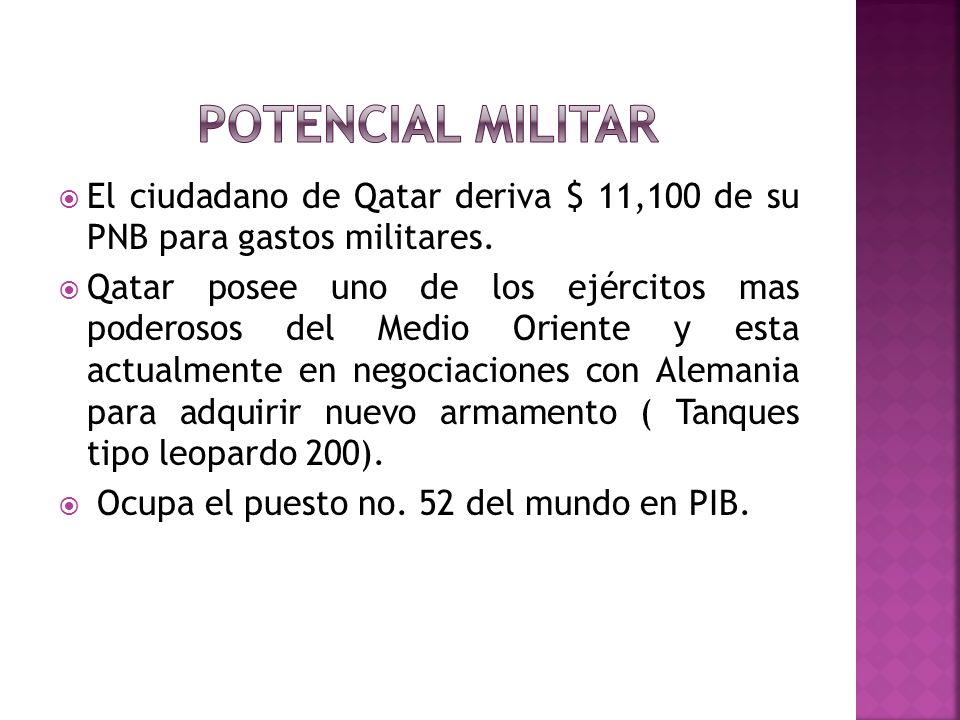POTENCIAL Militar El ciudadano de Qatar deriva $ 11,100 de su PNB para gastos militares.
