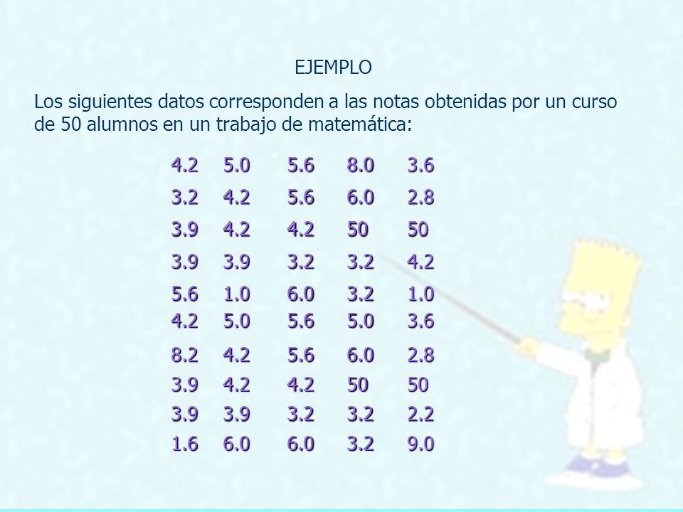 EJEMPLO Los siguientes datos corresponden a las notas obtenidas por un curso de 50 alumnos en un trabajo de matemática: