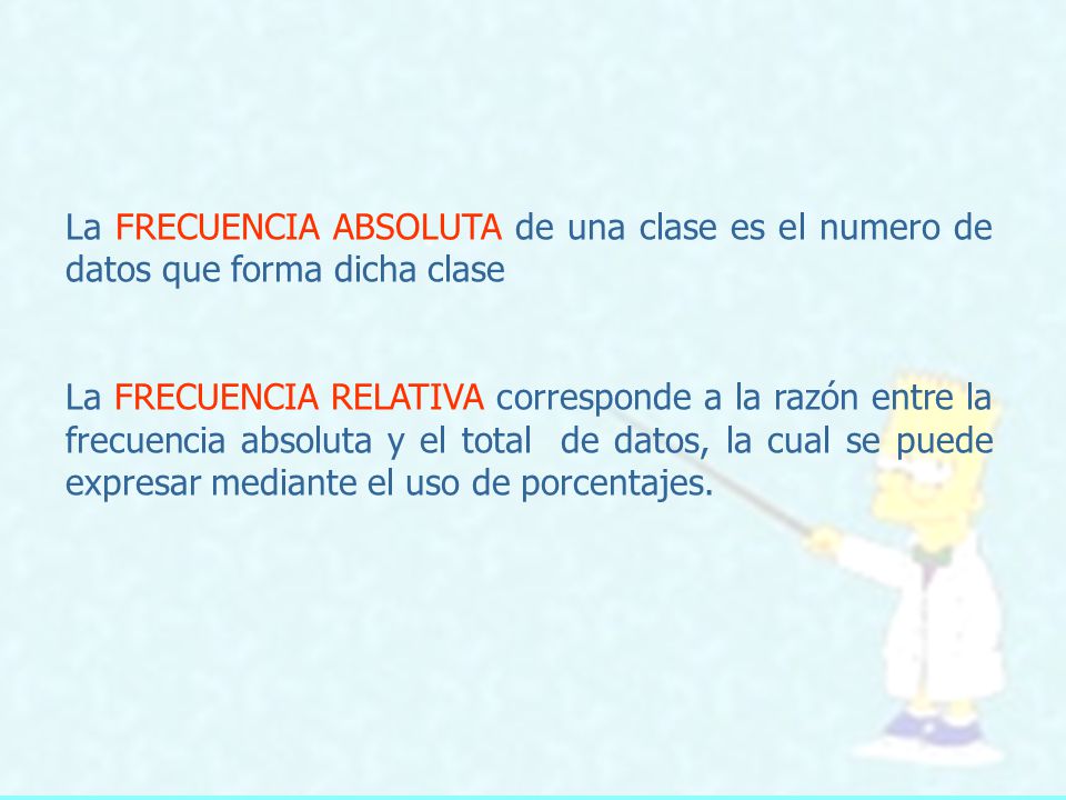 La FRECUENCIA ABSOLUTA de una clase es el numero de datos que forma dicha clase