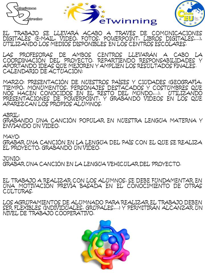 EL TRABAJO SE LLEVARÁ ACABO A TRAVÉS DE COMUNICACIONES DIGITALES ( , VIDEO, FOTOS, POWERPOINT, LIBROS DIGITALES,...), UTILIZANDO LOS MEDIOS DISPONIBLES EN LOS CENTROS ESCOLARES.