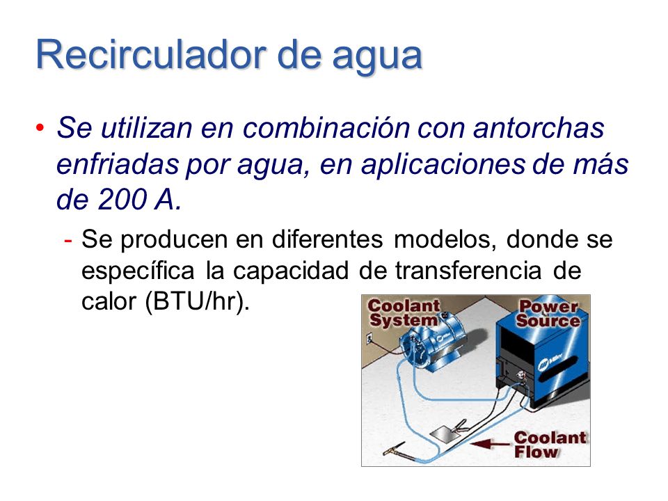 Recirculador de agua Se utilizan en combinación con antorchas enfriadas por agua, en aplicaciones de más de 200 A.