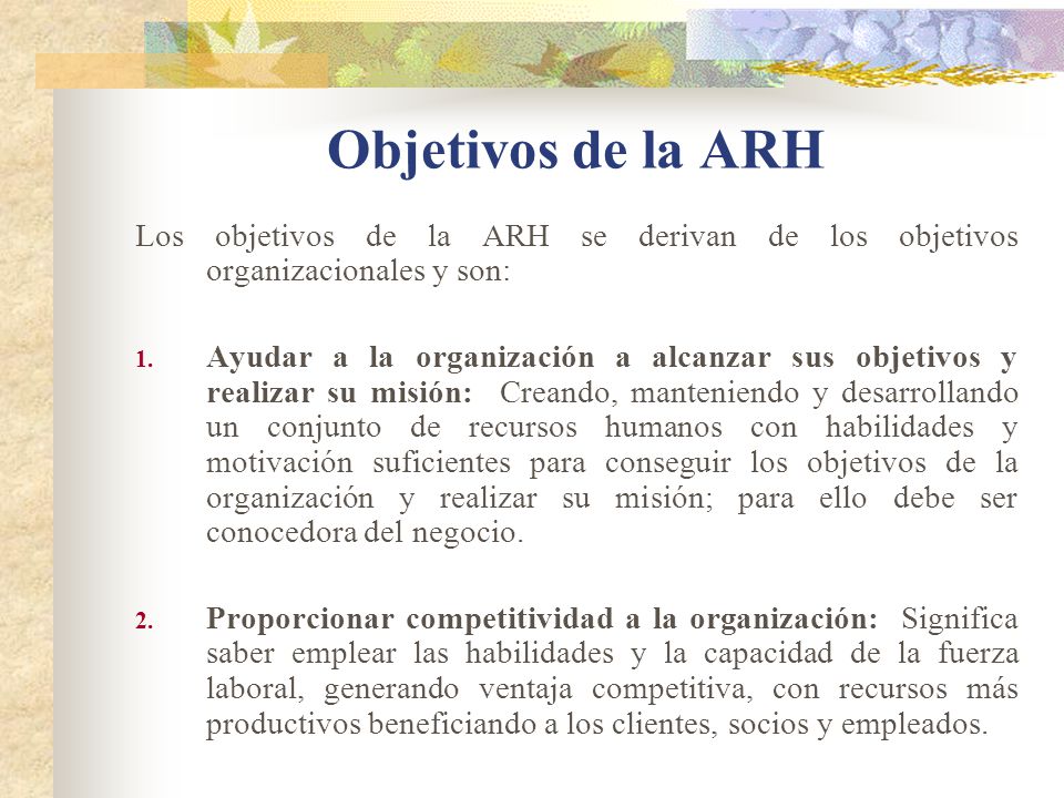 Objetivos de la ARH Los objetivos de la ARH se derivan de los objetivos organizacionales y son: