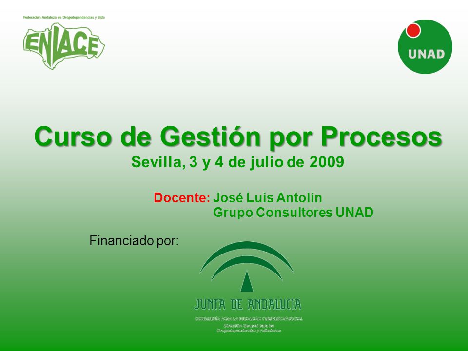 Curso de Gestión por Procesos Sevilla, 3 y 4 de julio de 2009 Docente: José Luis Antolín Grupo Consultores UNAD