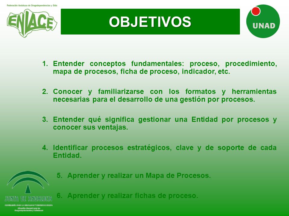 OBJETIVOS Entender conceptos fundamentales: proceso, procedimiento, mapa de procesos, ficha de proceso, indicador, etc.