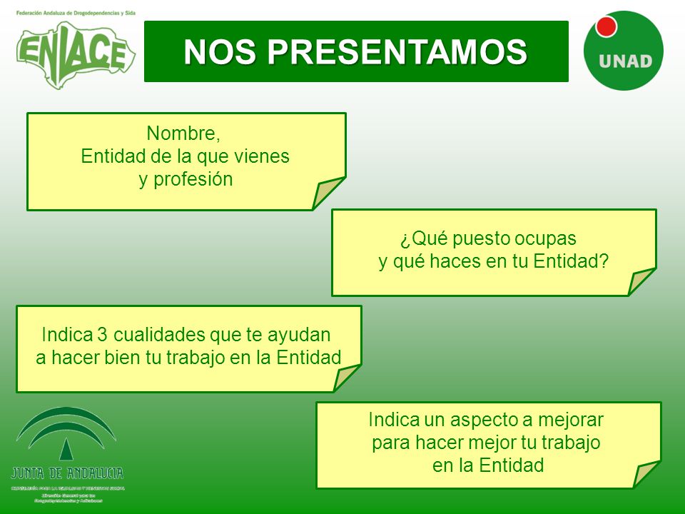 NOS PRESENTAMOS Nombre, Entidad de la que vienes y profesión