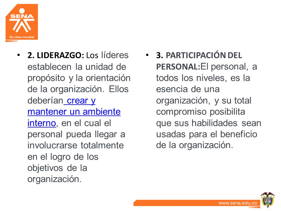 2. LIDERAZGO: Los líderes establecen la unidad de propósito y la orientación de la organización. Ellos deberían crear y mantener un ambiente interno, en el cual el personal pueda llegar a involucrarse totalmente en el logro de los objetivos de la organización.
