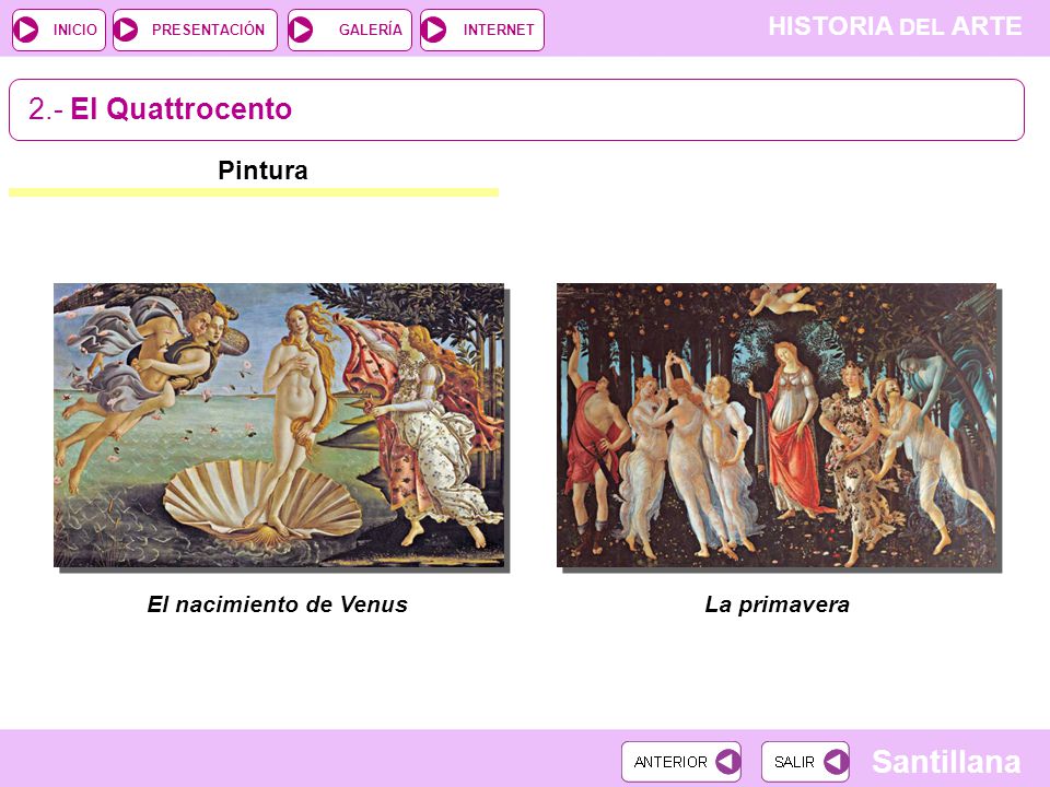 2.- El Quattrocento Pintura El nacimiento de Venus La primavera
