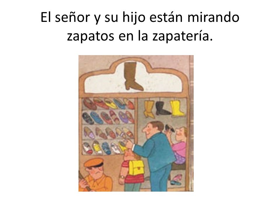 El señor y su hijo están mirando zapatos en la zapatería.