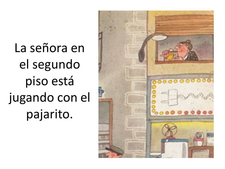 La señora en el segundo piso está jugando con el pajarito.