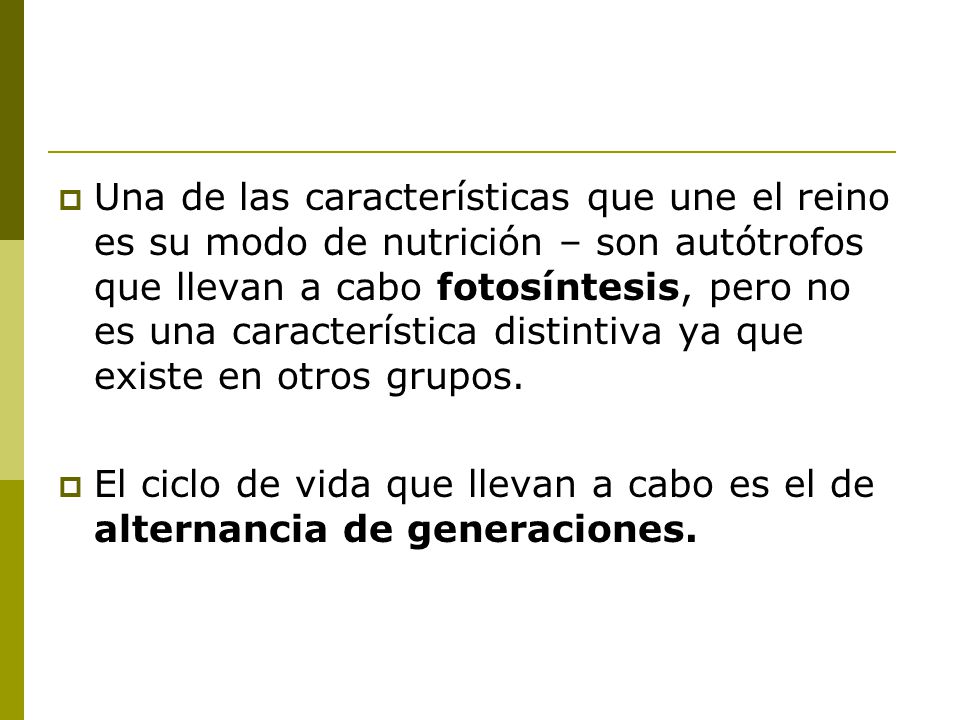 Una de las características que une el reino es su modo de nutrición – son autótrofos que llevan a cabo fotosíntesis, pero no es una característica distintiva ya que existe en otros grupos.