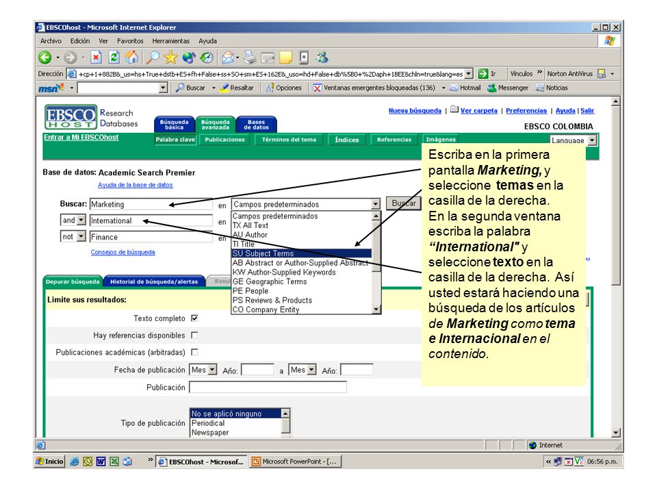 Escriba en la primera pantalla Marketing, y seleccione temas en la casilla de la derecha.