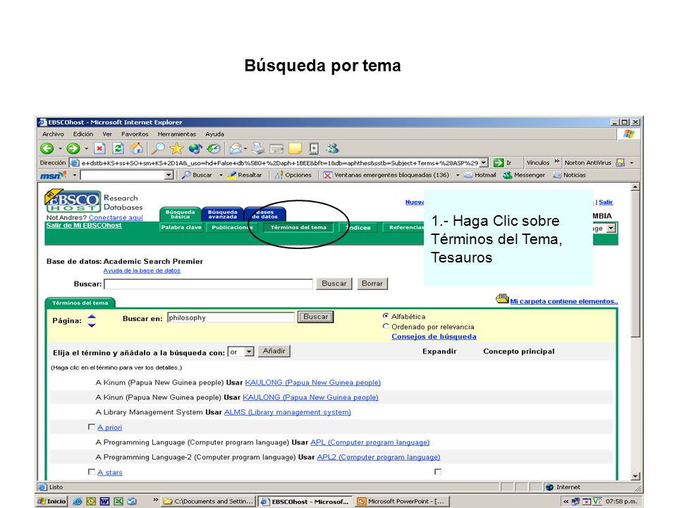 Búsqueda por tema 1.- Haga Clic sobre Términos del Tema, Tesauros
