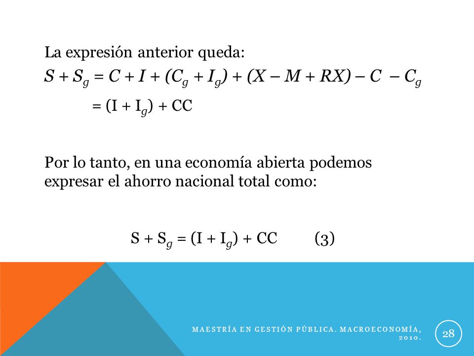 S + Sg = C + I + (Cg + Ig) + (X – M + RX) – C – Cg
