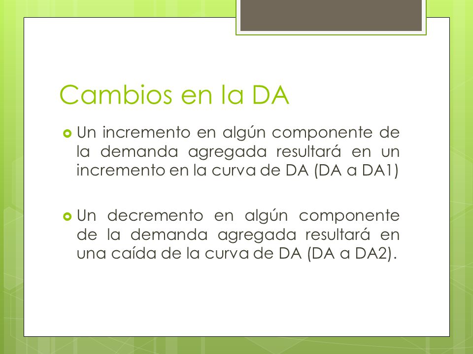 Cambios en la DA Un incremento en algún componente de la demanda agregada resultará en un incremento en la curva de DA (DA a DA1)