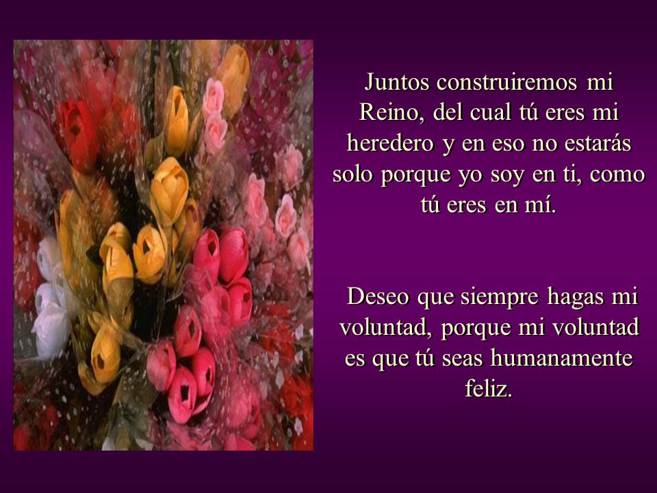 Juntos construiremos mi Reino, del cual tú eres mi heredero y en eso no estarás solo porque yo soy en ti, como tú eres en mí.
