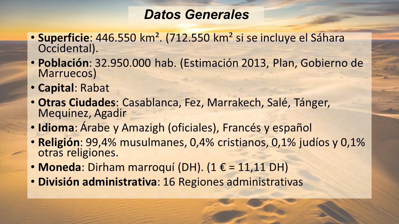 Datos Generales Superficie: km². ( km² si se incluye el Sáhara Occidental).