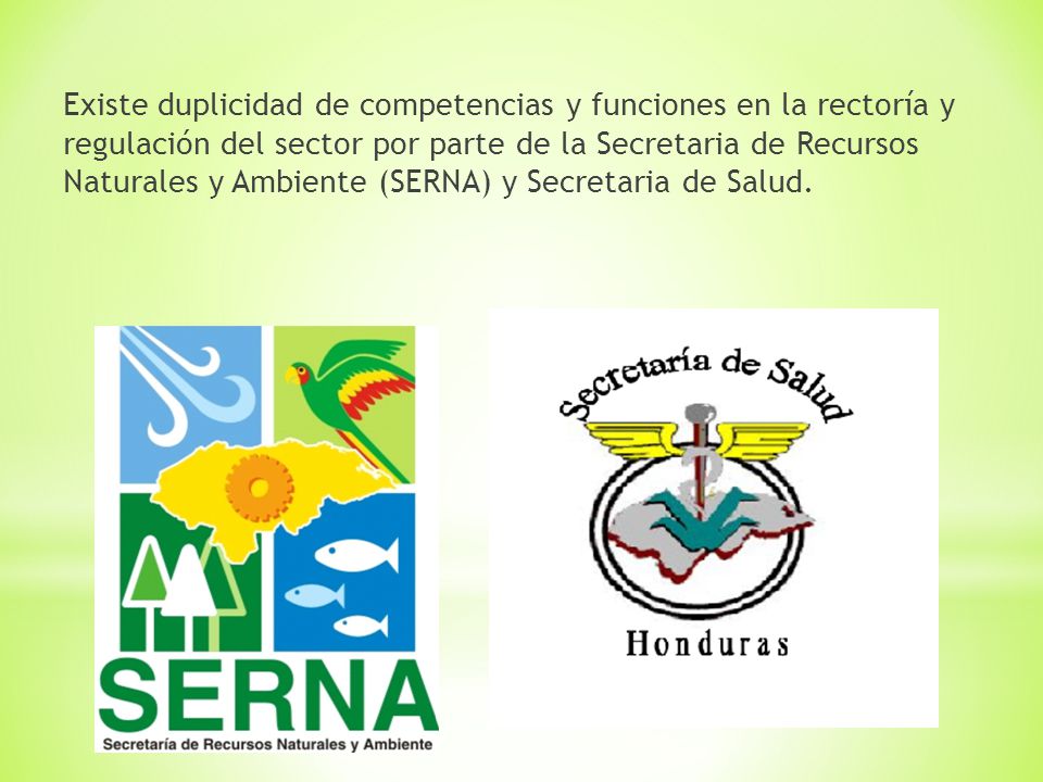 Existe duplicidad de competencias y funciones en la rectoría y regulación del sector por parte de la Secretaria de Recursos Naturales y Ambiente (SERNA) y Secretaria de Salud.