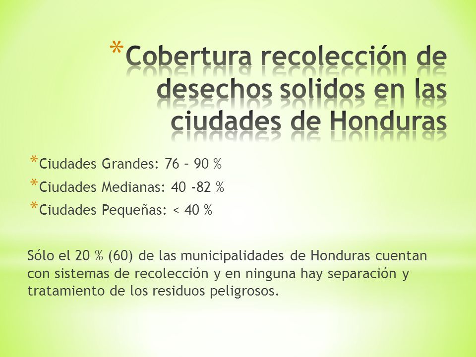 Cobertura recolección de desechos solidos en las ciudades de Honduras