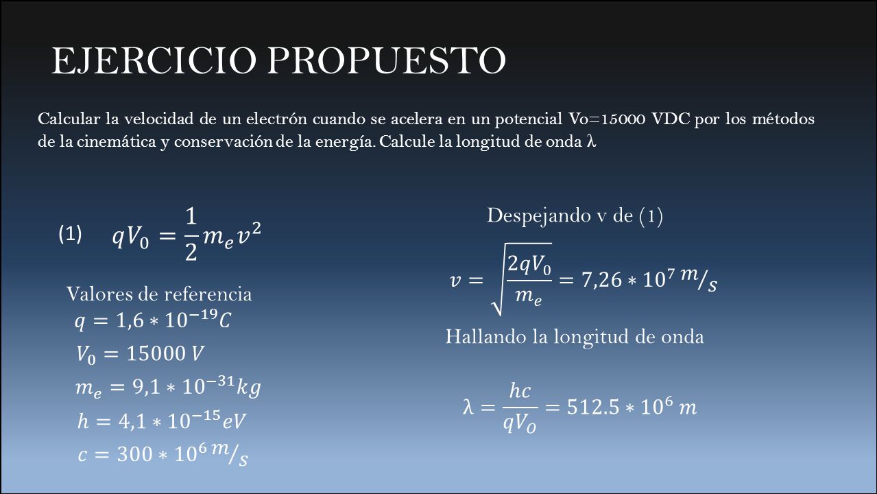 EJERCICIO PROPUESTO 𝑞 𝑉 0 = 1 2 𝑚 𝑒 𝑣 2 Despejando v de (1) (1)