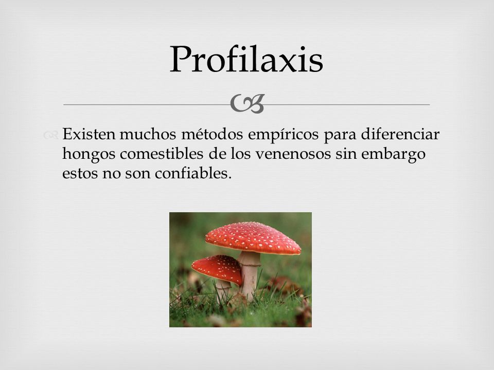 Profilaxis Existen muchos métodos empíricos para diferenciar hongos comestibles de los venenosos sin embargo estos no son confiables.