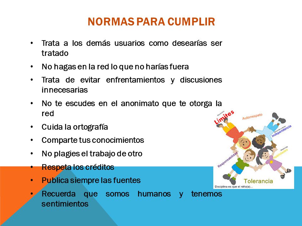 NORMAS PARA CUMPLIR Trata a los demás usuarios como desearías ser tratado. No hagas en la red lo que no harías fuera.