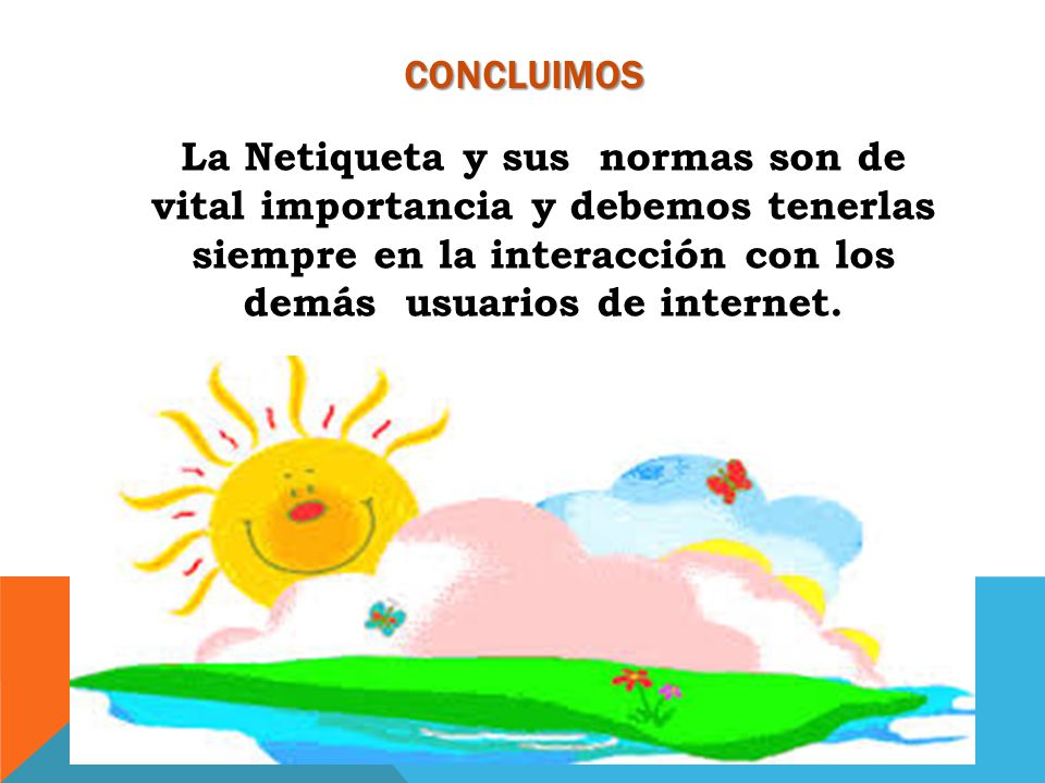 CONCLUIMOS La Netiqueta y sus normas son de vital importancia y debemos tenerlas siempre en la interacción con los demás usuarios de internet.