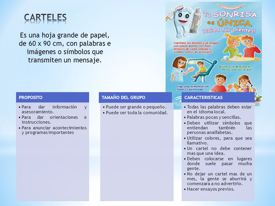 CARTELES Es una hoja grande de papel, de 60 x 90 cm, con palabras e imágenes o símbolos que transmiten un mensaje.