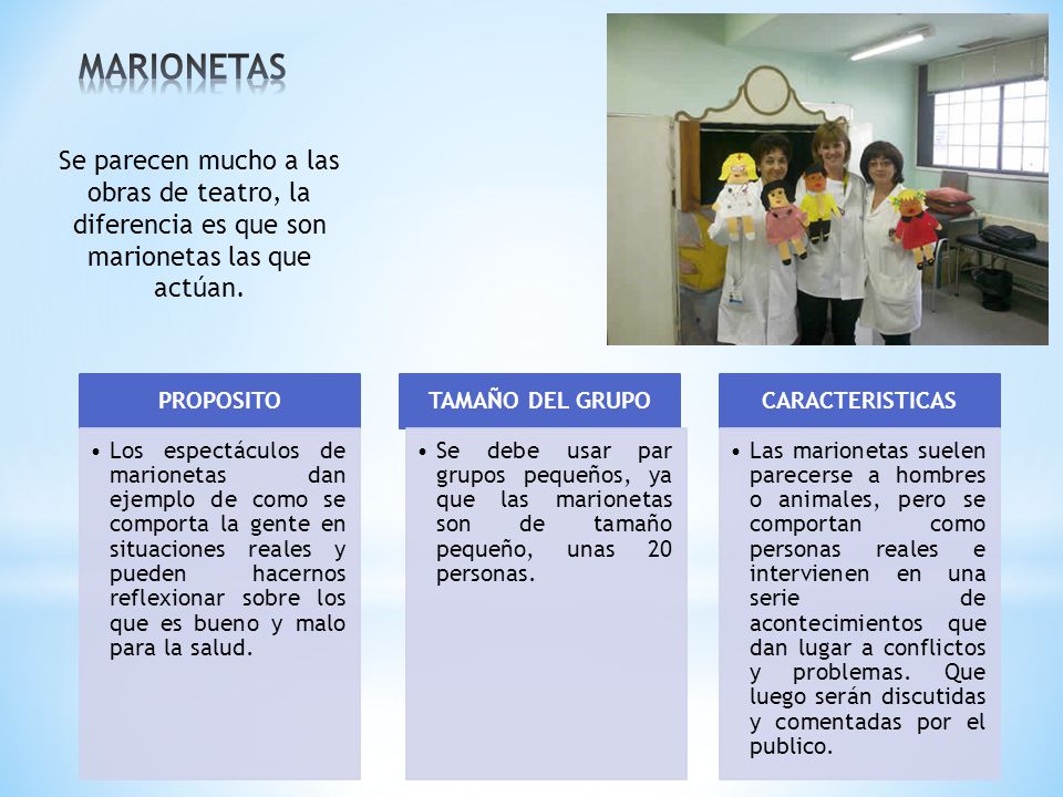 MARIONETAS Se parecen mucho a las obras de teatro, la diferencia es que son marionetas las que actúan.