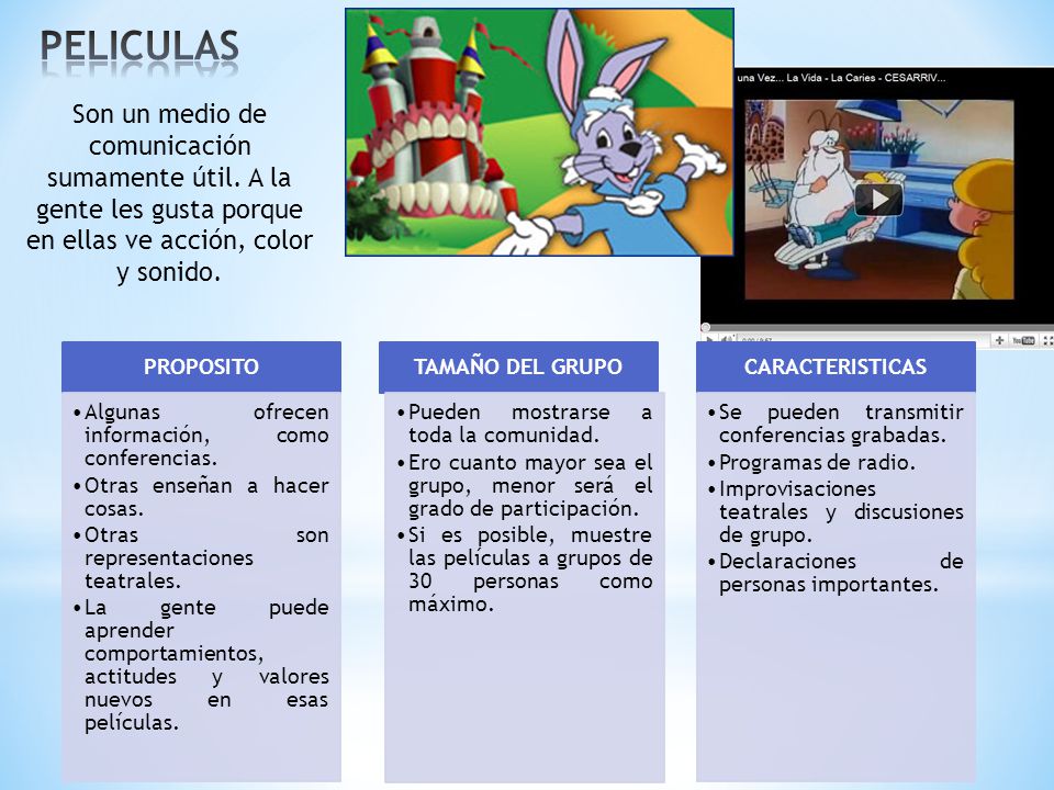 PELICULAS Son un medio de comunicación sumamente útil. A la gente les gusta porque en ellas ve acción, color y sonido.