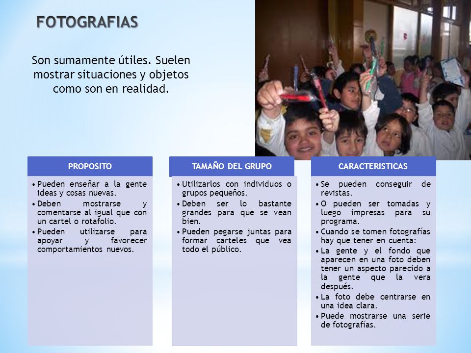 FOTOGRAFIAS Son sumamente útiles. Suelen mostrar situaciones y objetos como son en realidad. PROPOSITO.