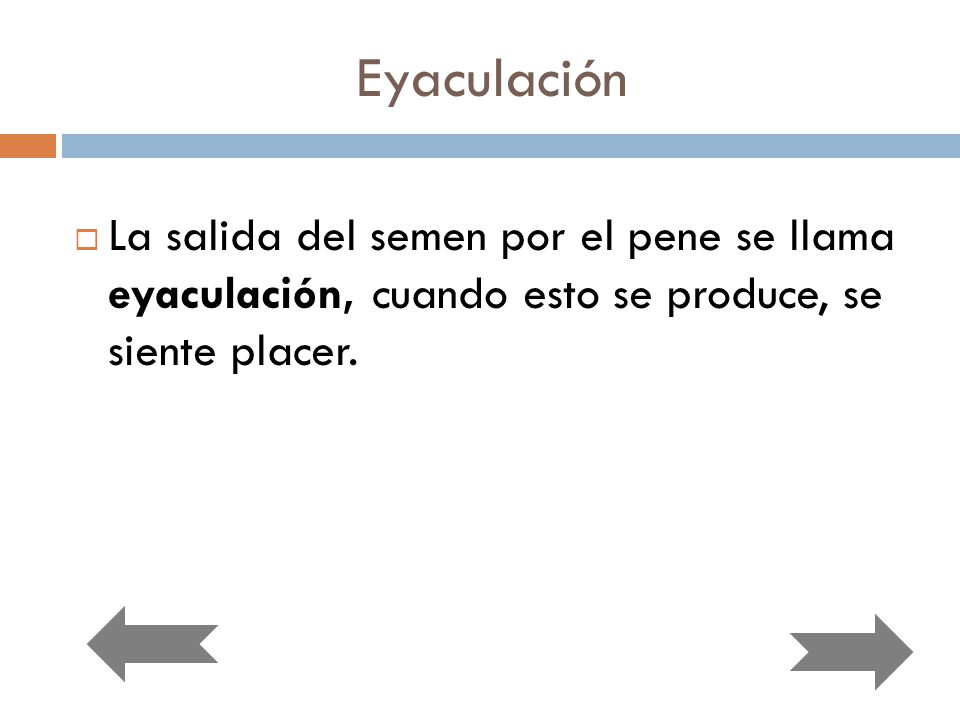 Eyaculación La salida del semen por el pene se llama eyaculación, cuando esto se produce, se siente placer.