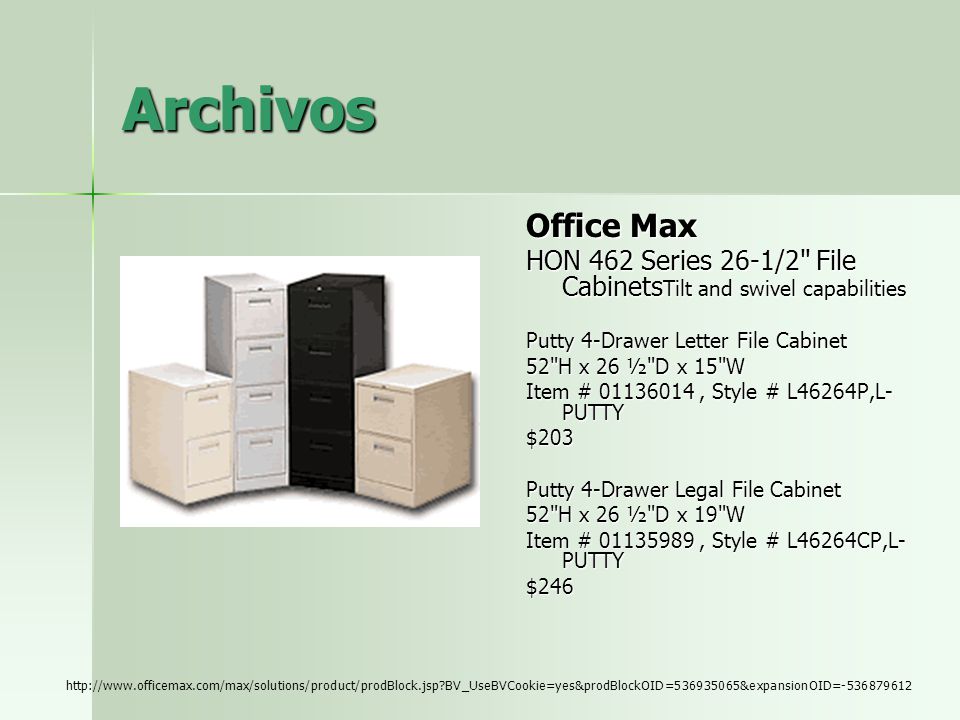 Archivos Office Max. HON 462 Series 26-1/2 File CabinetsTilt and swivel capabilities. Putty 4-Drawer Letter File Cabinet.