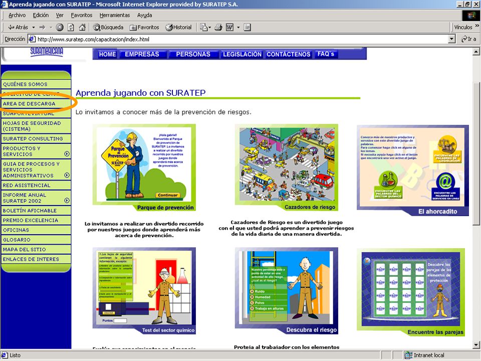Área de descarga - Juegos: Parque de prevención, Cazadores de riesgo, Test del sector químico, Descubra el riesgo, El ahorcadito, Encuentre las parejas (EPP).