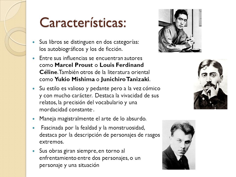 Características: Sus libros se distinguen en dos categorías: los autobiográficos y los de ficción.