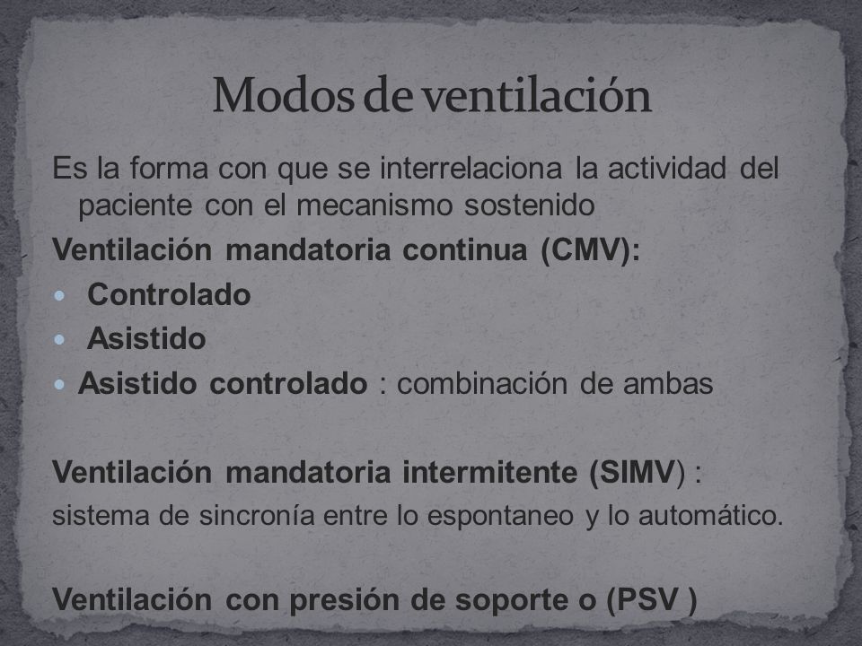 Modos de ventilación Es la forma con que se interrelaciona la actividad del paciente con el mecanismo sostenido.