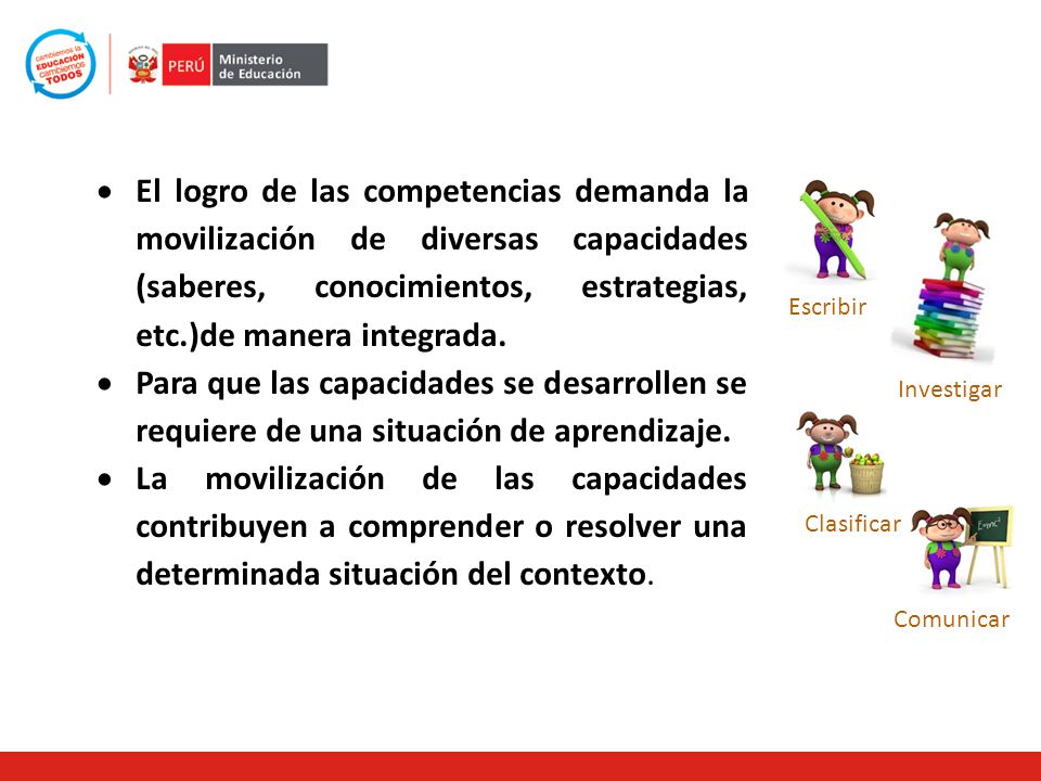 El logro de las competencias demanda la movilización de diversas capacidades (saberes, conocimientos, estrategias, etc.)de manera integrada.