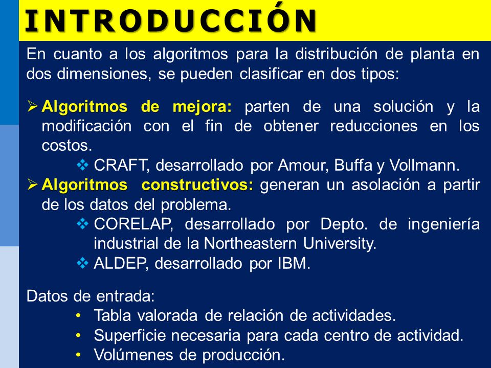 INTRODUCCIÓN En cuanto a los algoritmos para la distribución de planta en dos dimensiones, se pueden clasificar en dos tipos: