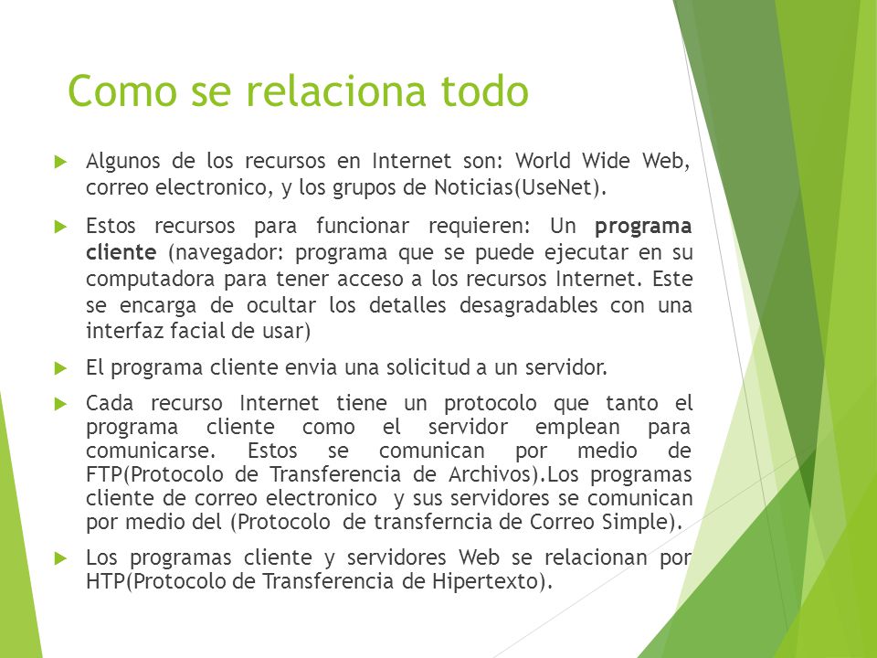 Como se relaciona todo Algunos de los recursos en Internet son: World Wide Web, correo electronico, y los grupos de Noticias(UseNet).