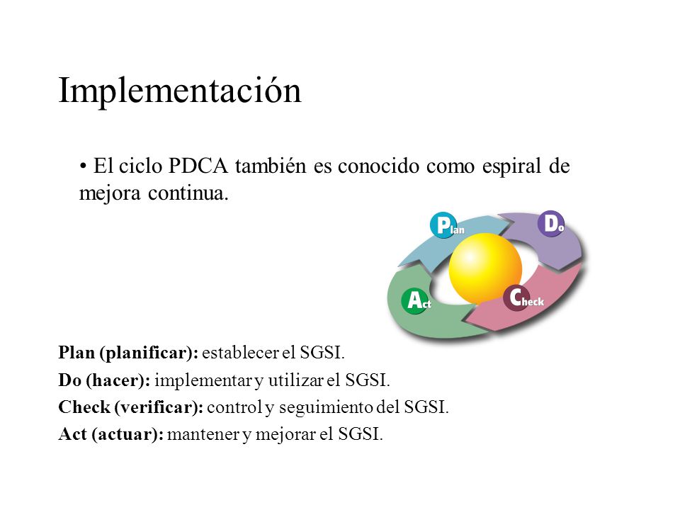 Implementación El ciclo PDCA también es conocido como espiral de mejora continua. Plan (planificar): establecer el SGSI.