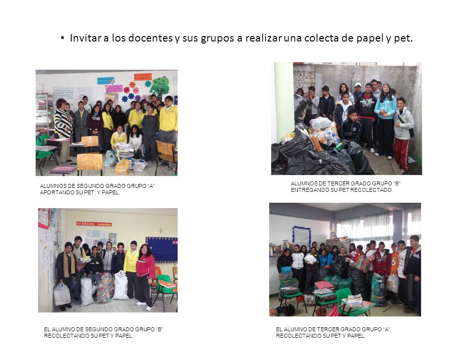 Invitar a los docentes y sus grupos a realizar una colecta de papel y pet.