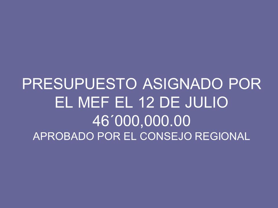 PRESUPUESTO ASIGNADO POR EL MEF EL 12 DE JULIO 46´000,000