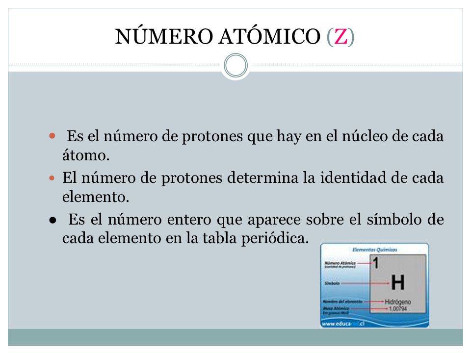 NÚMERO ATÓMICO (Z) Es el número de protones que hay en el núcleo de cada átomo. El número de protones determina la identidad de cada elemento.