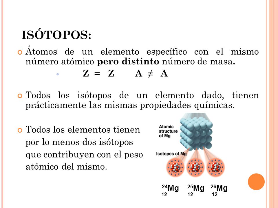 ISÓTOPOS: Átomos de un elemento específico con el mismo número atómico pero distinto número de masa.