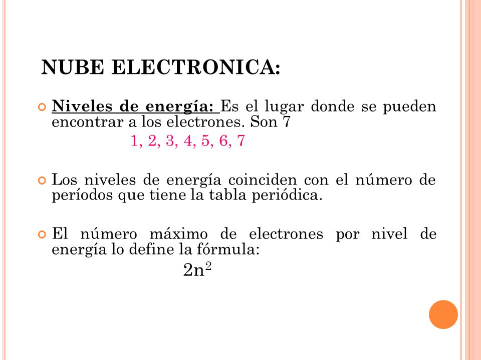NUBE ELECTRONICA: Niveles de energía: Es el lugar donde se pueden encontrar a los electrones. Son 7.