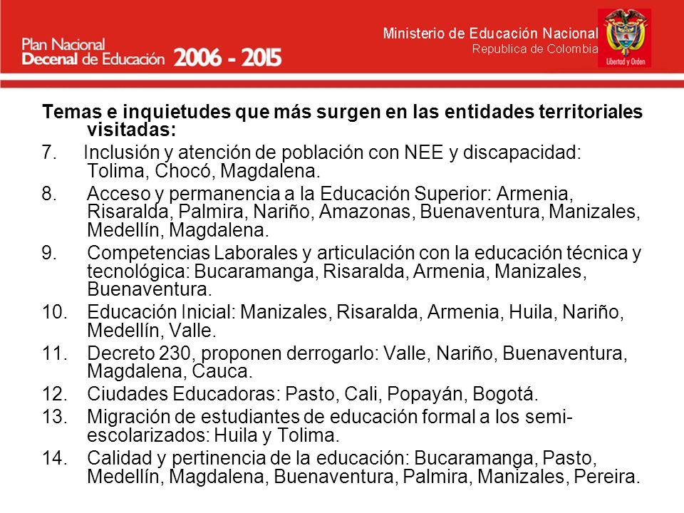 Temas e inquietudes que más surgen en las entidades territoriales visitadas: