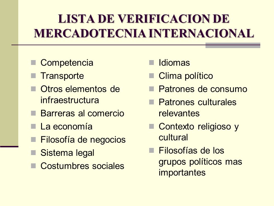 LISTA DE VERIFICACION DE MERCADOTECNIA INTERNACIONAL