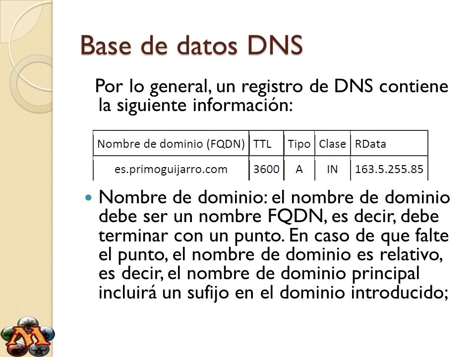 Base de datos DNS Por lo general, un registro de DNS contiene la siguiente información: