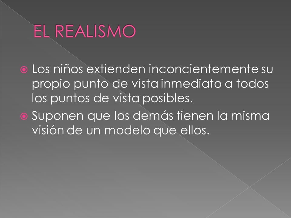 EL REALISMO Los niños extienden inconcientemente su propio punto de vista inmediato a todos los puntos de vista posibles.